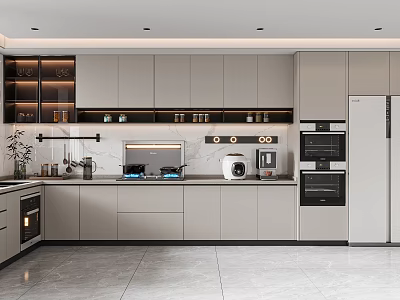 Modern Kitchen Interior Design With Gray Cabinets Countertop And Appliances 3d model