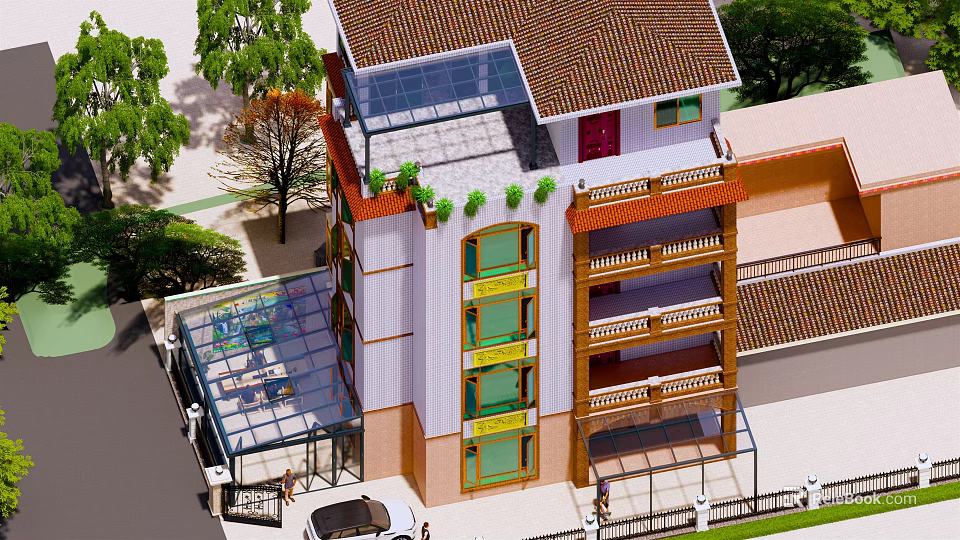 Detached Villa Aerial View With Multi story Tile Roof Balconies Colorful Windows And Trees 3d model 