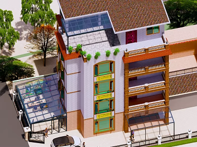 Detached Villa Aerial View With Multi story Tile Roof Balconies Colorful Windows And Trees 3d model