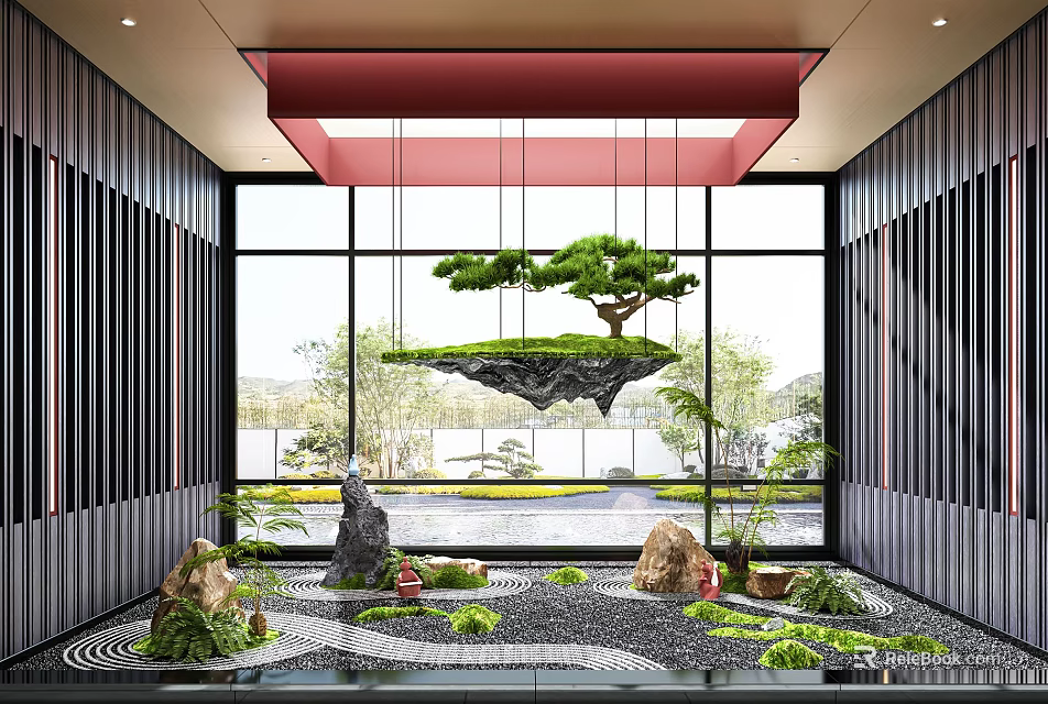 Indoor Garden Ornament With Hanging Floating Island Pine Tree Stones Moss And Zen Sand Patterns 3d model 