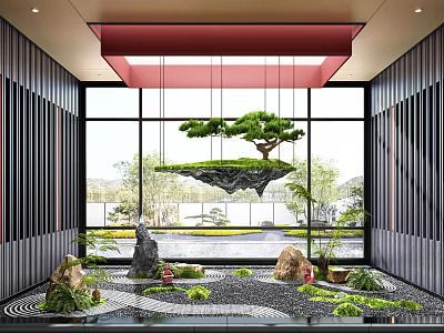 Indoor Garden Ornament With Hanging Floating Island Pine Tree Stones Moss And Zen Sand Patterns 3d model