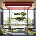 Indoor Garden Ornament With Hanging Floating Island Pine Tree Stones Moss And Zen Sand Patterns