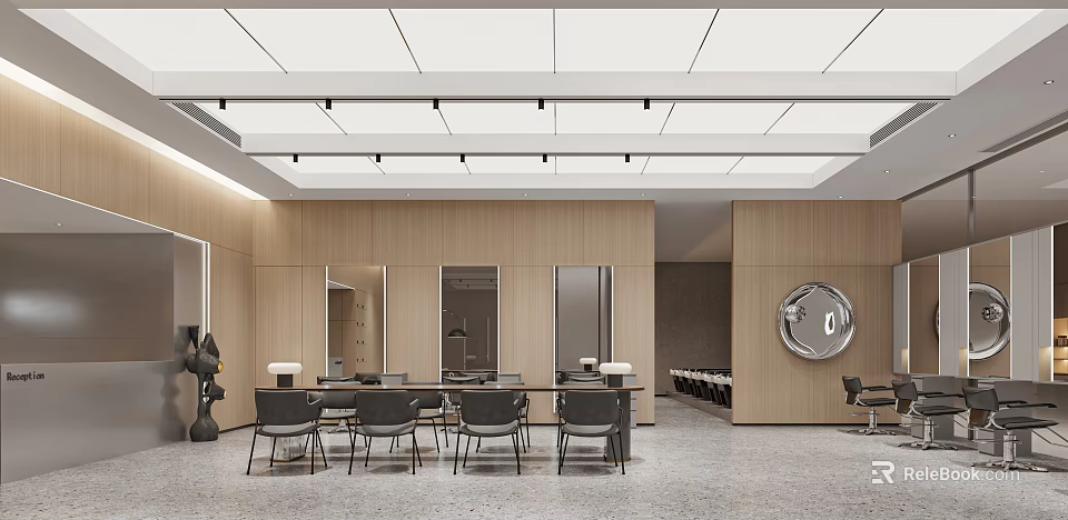 Modern Beauty Hair Salon Interior With Open Design Styling Chairs And Mirrors 3d model 