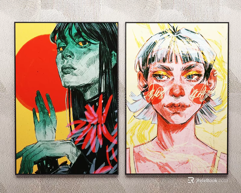 Vibrant Portrait Paintings With Green Skinned Woman Black Hair And Blonde Girl Red Face Art 3d model 