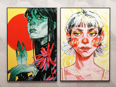 Vibrant Portrait Paintings With Green Skinned Woman Black Hair And Blonde Girl Red Face Art 3d model