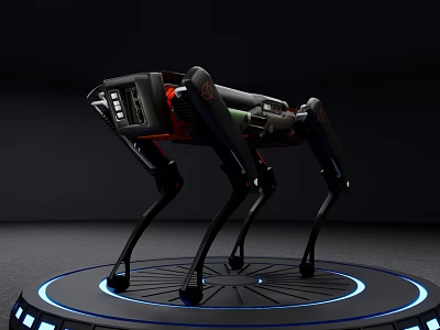Smart Machine Four Legged Robot With Modern Design On Display Platform With Blue Lights 3d model