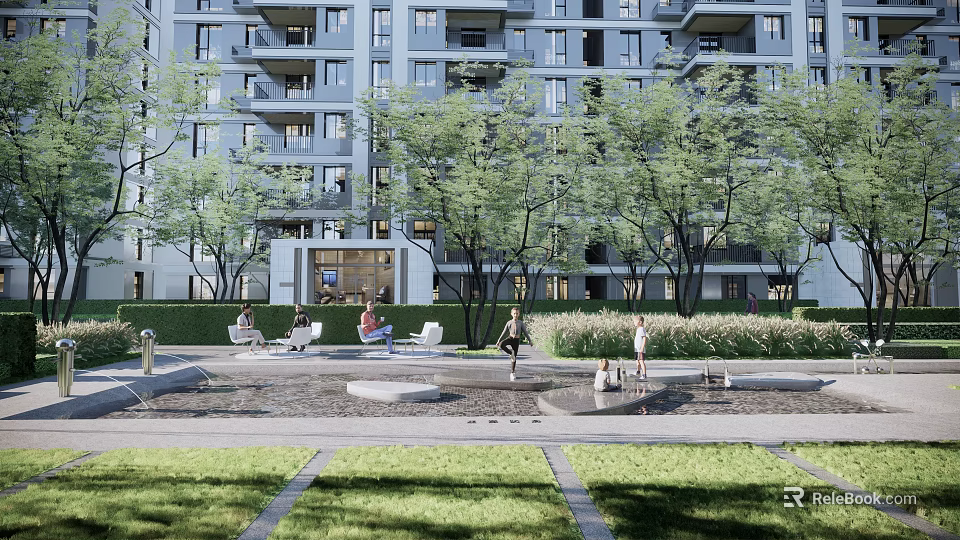 Residential Landscape with Modern Apartment Building Lush Trees Green Lawn and Recreational Space 3d model 