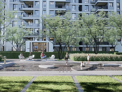Residential Landscape with Modern Apartment Building Lush Trees Green Lawn and Recreational Space 3d model