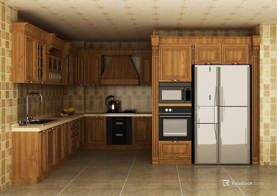 Traditional Wooden Kitchen With Refrigerator Oven Microwave Tiled Walls And Cabinets 3d model 