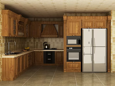 Traditional Wooden Kitchen With Refrigerator Oven Microwave Tiled Walls And Cabinets 3d model