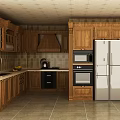 Traditional Wooden Kitchen With Refrigerator Oven Microwave Tiled Walls And Cabinets