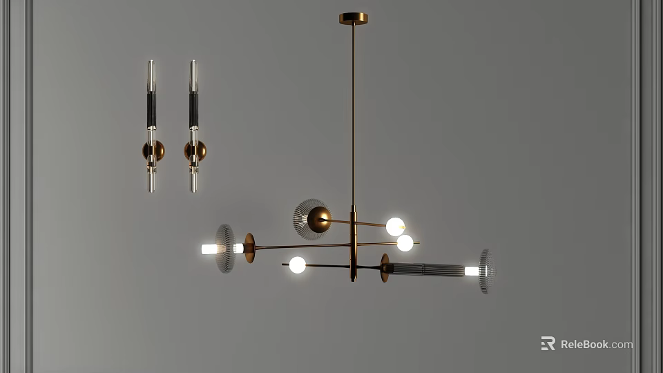 Modern Lighting Combination With Brass Frame Glass Elements And Spherical Bulbs 3d model 