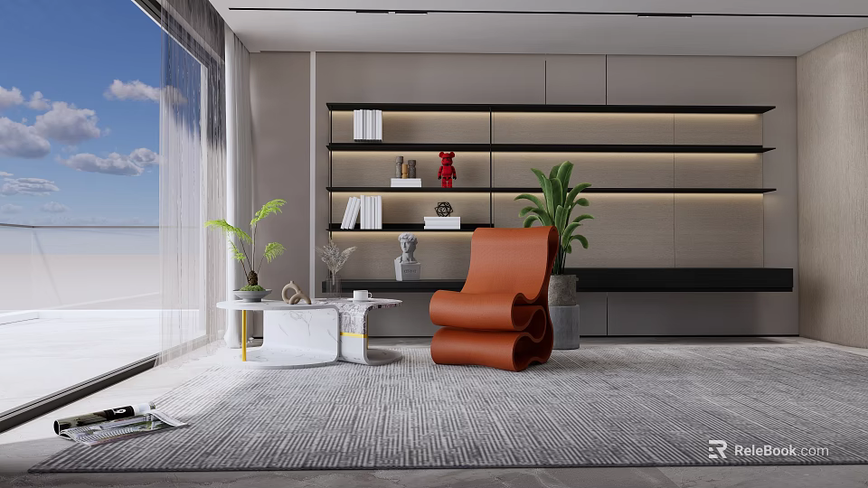 Modern Living Room Coffee Table By Large Window With Orange Chair Green Plant And Bookshelf 3d model 
