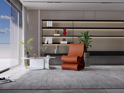 Modern Living Room Coffee Table By Large Window With Orange Chair Green Plant And Bookshelf 3d model