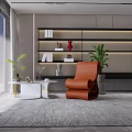 Modern Living Room Coffee Table By Large Window With Orange Chair Green Plant And Bookshelf