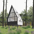 A Frame Residential Building in Forest with Large Glass Windows and Greenery