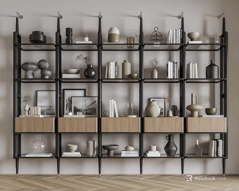 Modern Bookshelf Interior With Wooden Shelves Metal Frame Books And Decorative Vases Frames 3d model 