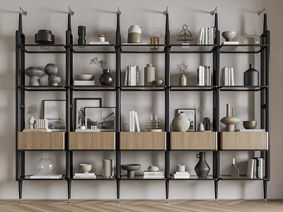 Modern Bookshelf Interior With Wooden Shelves Metal Frame Books And Decorative Vases Frames 3d model