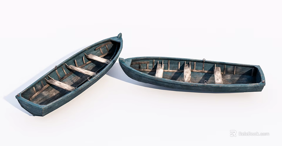 Vintage Blue Wooden Boats With Wooden Seats And Planks Side By Side 3d model 