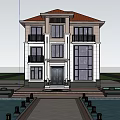 Two Story Modern Detached Villa With Large Windows Balconies Stone Pathway Water Pool And Greenery