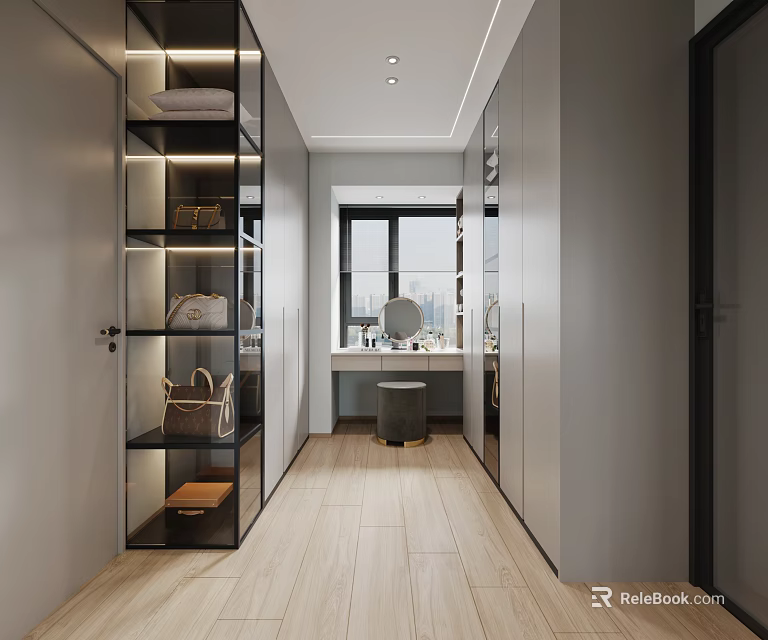Modern Walk in Closet With Lit Storage Shelves Mirror And Vanity 3d model 