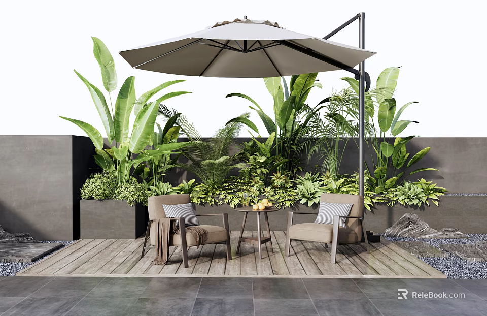 Outdoor Sofa Setup With Patio Umbrella Lush Green Plants And Wooden Deck 3d model 