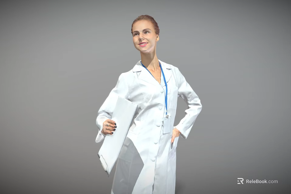 Woman In White Lab Coat Holding Documents As Medical Professional On Gray Background 3d model 