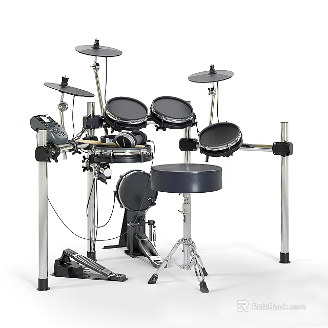 Professional Electronic Drum Kit with Multiple Drums Cymbals Pedal and Stool 3d model
