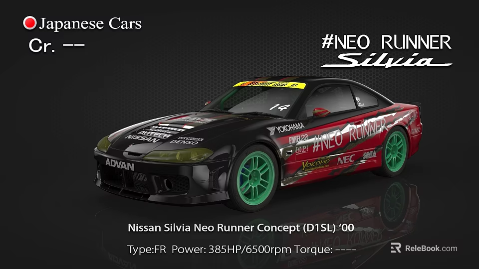 Nissan Silvia Neo Runner Concept Type FR With 385HP Power Green Wheels And Sponsor Logos 3d model 