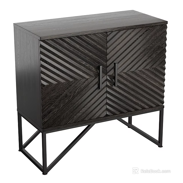 Modern Entryway Console Cabinet with Dark Wood Grain Diagonal Stripe Design and Metal Handles 3d model 