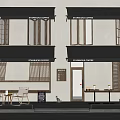 Modern Coffee Shop Exterior With Wooden Awnings Signage And Outdoor Seating