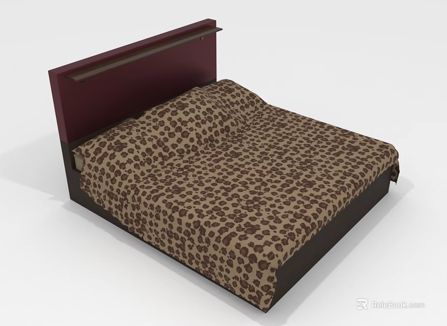 Elegant Double Bed Interior With Dark Red Headboard And Leopard Print Bedding 3d model 