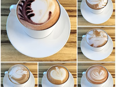 Coffee Cup With Various Latte Art Designs On White Saucer Over Wooden Table 3d model
