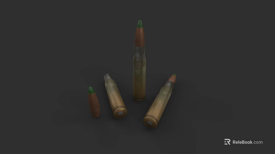 Various Sizes of Weapon Ammunition Bullets with Green Tips and Metallic Bodies 3d model 