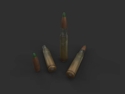 Various Sizes of Weapon Ammunition Bullets with Green Tips and Metallic Bodies 3d model