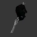 Sci Fi Warrior In Black Armor With Red Accents Standing In Profile And Back Weapon