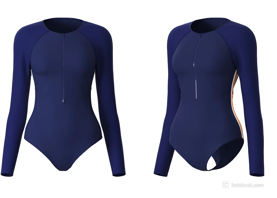 Navy Blue Long Sleeve One Piece Swimsuits With Front Zipper And Side Accent 3d model 