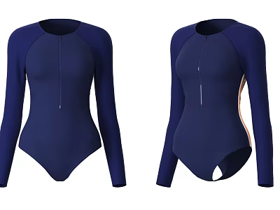 Navy Blue Long Sleeve One Piece Swimsuits With Front Zipper And Side Accent 3d model