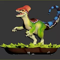 Colorful Dinosaur Figure with Red Crest Green Body Blue Striped Tail on Green Leaf Base