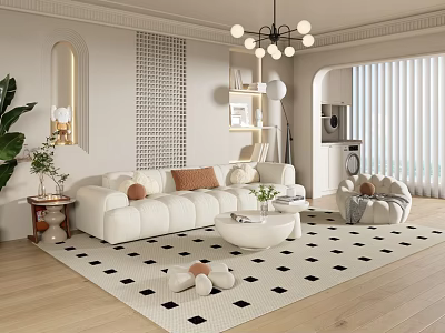 Modern Living Dining Room Interior With White Sofa Round Coffee Table Black White Checkered Rug 3d model