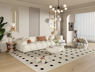 Cream style guest dining room living room sofa background wall floor lamp sofa coffee table combination leisure chair 3d model