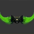 Mythical Black And Gold Weapon With Green Glowing Wings And Reflective Surface