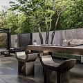 Modern Garden Courtyard Design With Wooden Pavilion Water Feature Greenery And Stone Patio