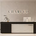 Modern Reception Desk With CBAMFCD Logo on Wall Computer on Counter and Potted Plants 3d model