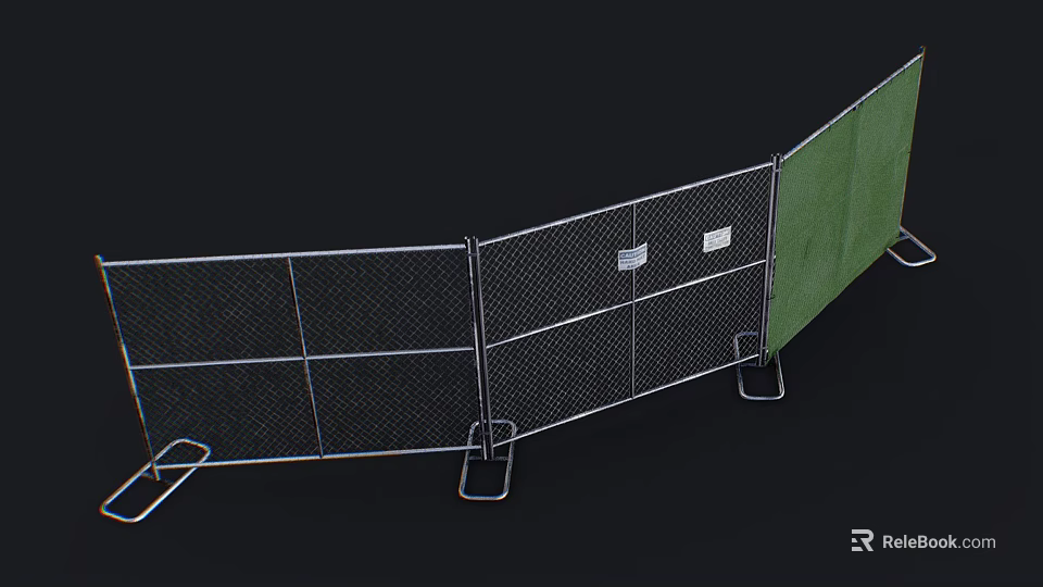 Curved Temporary Chain Link Fence With Green Fabric And Metal Support Stands 3d model 