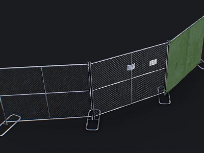 Curved Temporary Chain Link Fence With Green Fabric And Metal Support Stands 3d model