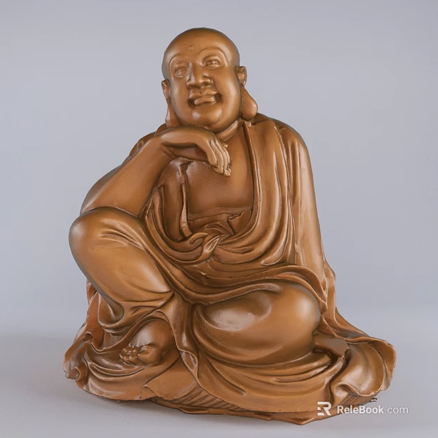 Hand Carved Wooden Buddha Sculpture In Seated Pose With Smiling Expression And Flowing Robes 3d model 