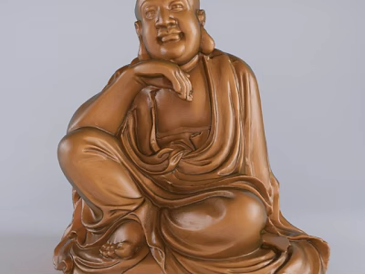 Hand Carved Wooden Buddha Sculpture In Seated Pose With Smiling Expression And Flowing Robes 3d model