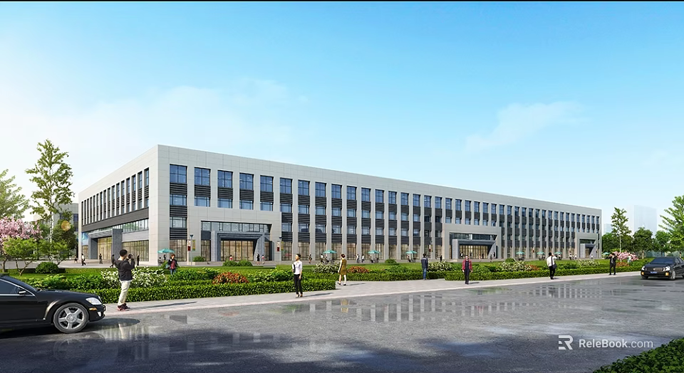 Modern Industrial Factory Building Exterior With Glass Windows Green Landscaping And Pedestrian Area 3d model 