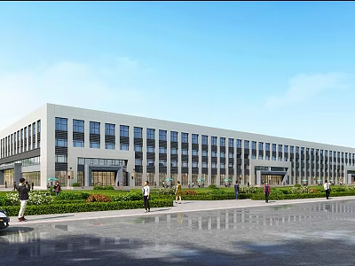 Modern Industrial Factory Building Exterior With Glass Windows Green Landscaping And Pedestrian Area 3d model